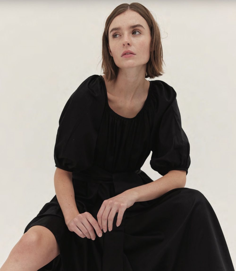 Black midi dress with gathered sleeves