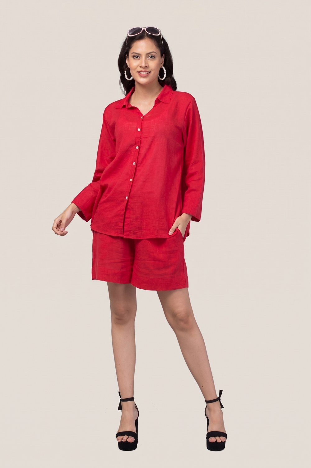 Red linen shirt and shorts co-ord