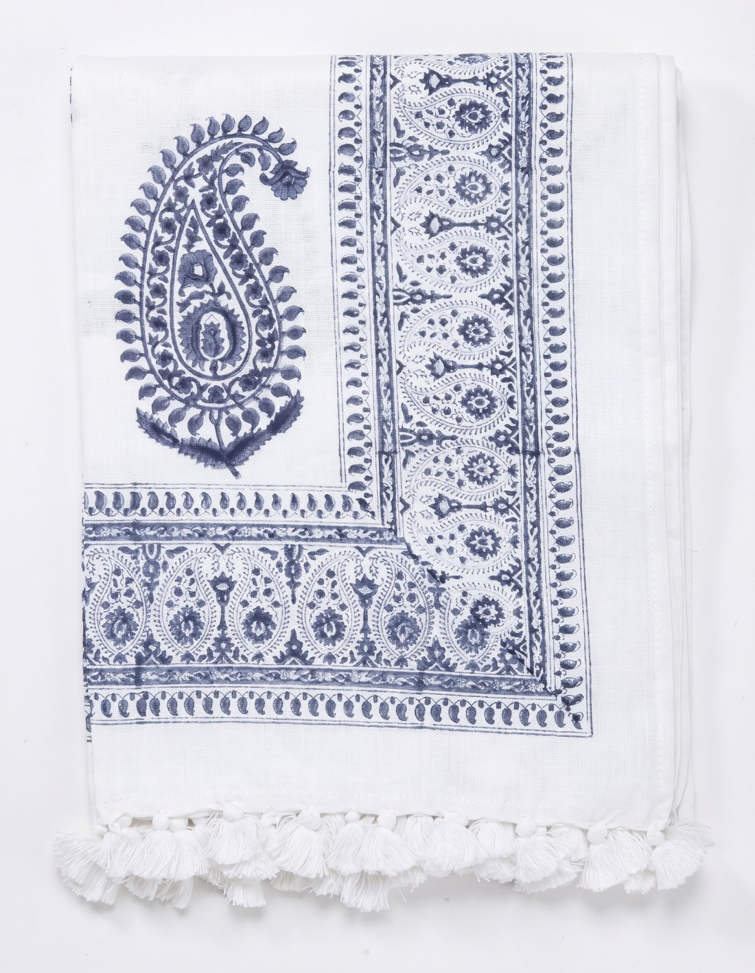 Block-print table linen with paisley border